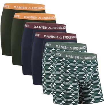 DANISH ENDURANCE 6 Boxer Uomo Cotone Elasticizzato, Boxer Lunghi Comodi, Mutande Intimo Classico Multicolore (2X Verde/Arancione, 2X Blu Navy/Bordeaux, 2X Retro Verde) L