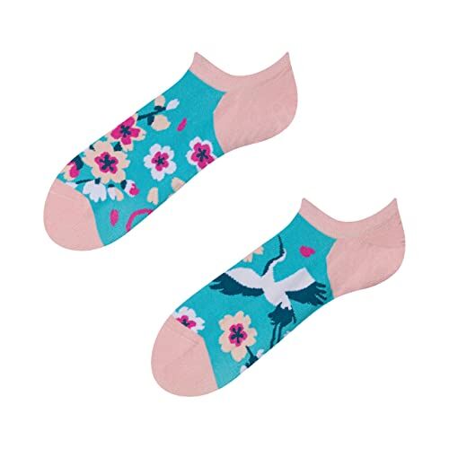 Dedoles Calzini Unisex Donna Uomo & Bambini Calze Cotone con tanti Design divertenti sinistra destra diversi, colore: Blu, disegno: Fiori di ciliegio e airone (sneaker), taglia: 43-46