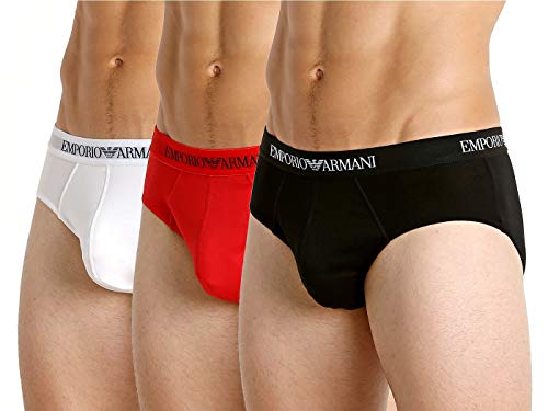 Emporio Armani Men's Basic Pure Cotton 3-pack Brief, Mutande Uomo, Multicolore (White/Red/Black), XL