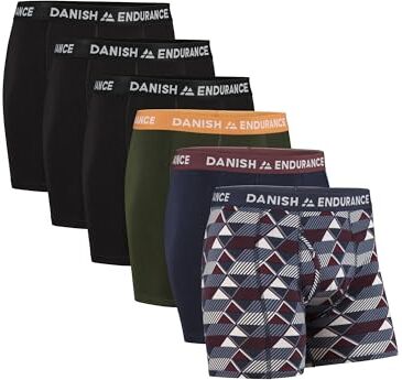 DANISH ENDURANCE 6 Boxer Uomo Cotone Elasticizzato, Boxer Lunghi Comodi, Mutande Intimo Classico Multicolore (3X Nero, 1x Verde/Arancione, 1x Blu Navy/Bordeaux, 1x Retro) Apertura Frontale M