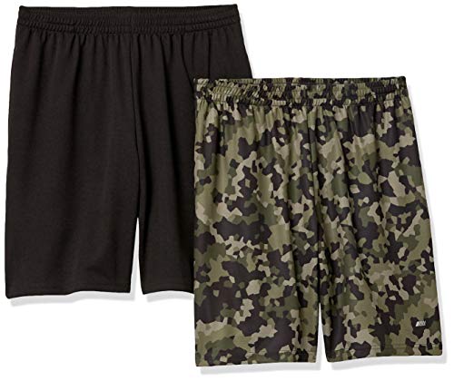 Amazon Essentials Pantaloncini Morbidi Tecnici ad Alte Prestazioni (Disponibili nelle Taglie Big & Tall) Uomo, Pacco da 2, Nero/Verde Motivo Mimetico Geometrico, S