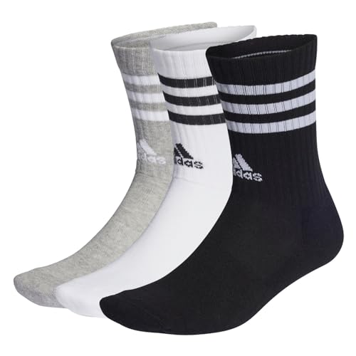 Adidas 3-stripes Cushioned Crew Socks 3 Pairs, Calzini Unisex Bambini e ragazzi, Medium Grey Heather/White/Black/White, XXL (Pacco da 3)