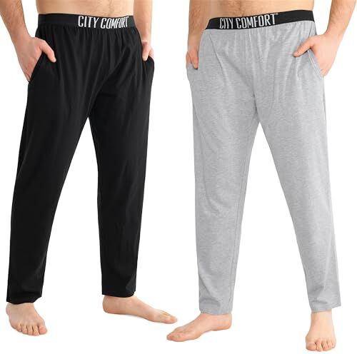 CityComfort Pantaloni del Pigiama da Uomo, Pigiama Cotone Uomo, Pantaloni Lunghi con Elastico in Vita, 2 Tasche, Vestibilità Comoda, M-4XL (L, Nero/Grigio, Vita Elasticizzata)