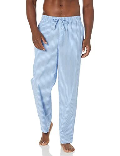 Amazon Essentials Pantaloni del Pigiama in Tessuto con Taglio Dritto Uomo, Blu Chiaro Righe, M