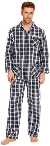 GLOBAL Uomo Pigiami Set 100% Cotone Set Pigiami Due Pezzi da Uomo, Pigiami Uomo Completino Maniche Lunghe in Cotone A Scacchi Neri,3XL