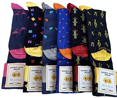 Lucchetti Socks Milano 6 paia Calze Uomo Lunghe filo di scozia Fantasia Cotone colorate Pois Righe Disegni divertenti Made in Italy (Taglia Unica, Assortimento L)