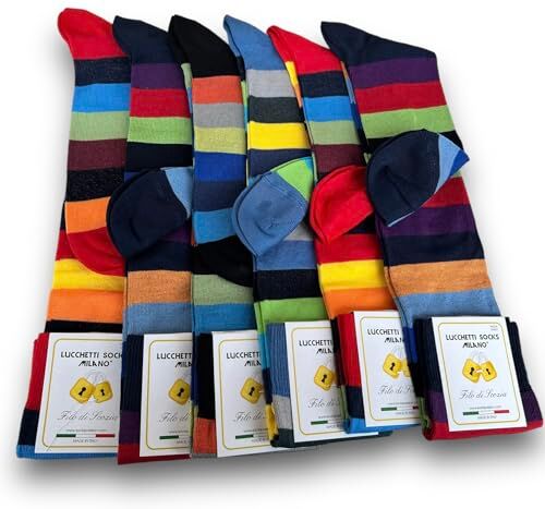 Lucchetti Socks Milano 6 paia Calze Uomo Lunghe filo di scozia Fantasia Cotone colorate Pois Righe Disegni divertenti Made in Italy (Taglia Unica, Set Sopra le righe)