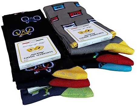 Lucchetti Socks Milano 6 paia Calze Uomo Lunghe filo di scozia Fantasia Cotone colorate Pois Righe Disegni divertenti Made in Italy (Taglia Unica, Assortimento A)