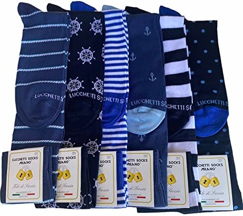 Lucchetti Socks Milano 6 paia Calze Uomo Lunghe filo di scozia Fantasia Cotone colorate Pois Righe Disegni divertenti Made in Italy (Taglia Unica, Set Vela)