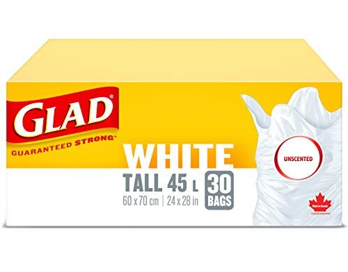 Glad White Garbage Bags Tall 45 Litres Unscented, 30 Trash Bags, Made in Canada of Global Components