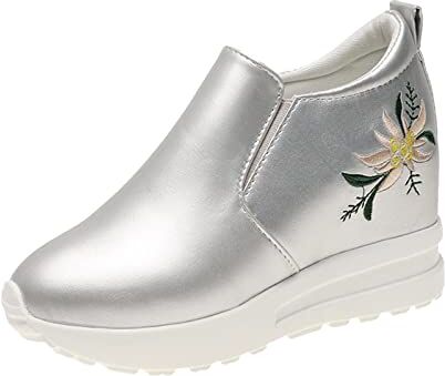 SZZY Scarpe casual con tacco Slipon traspirante zeppe scarpe da ginnastica alla moda all'aperto e tempo libero da donna casual scarpe da donna slip on (argento, 6)