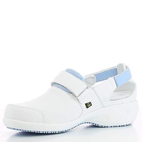 Oxypas Scarpe da Lavoro in Pelle  Zoccolo di Sicurezza da Donna, Antiscivolo e Confortevole, Ideale per l'Assistenza Ospedaliera e Infermieristica, Blu, 36 EU