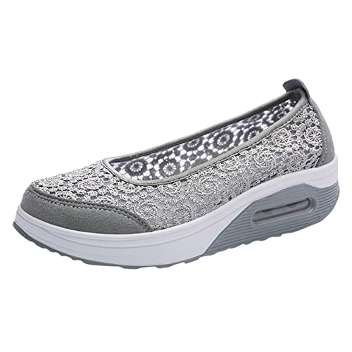 SZZY Slip On Breathe Scarpe da passeggio con fiori in pizzo, da donna, alla moda, comode, con zeppa, plateau e plateau (grigio, 7)