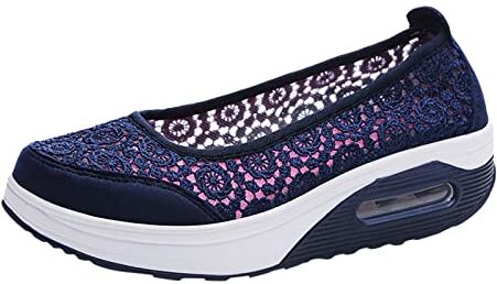 SZZY Slip On Breathe Scarpe da passeggio con fiori in pizzo, da donna, alla moda, comode, con zeppa, con plateau e plateau (blu, 6)