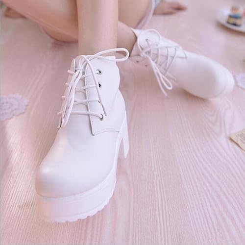 GABLOK Lolita Scarpe Uwabaki JK Punta Rotonda Scarpe Allacciate Uniforme Scuola Scarpe per Ragazze Donne Adulti Cosplay Dolci Stivali 36 Bianco