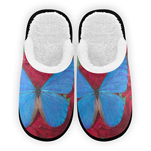 ODAWA Pantofole da uomo donna blu farfalla peluche fodera comfort caldo corallo pile inverno pantofole per interni all'aperto spa