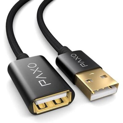 PAXO Prolunga USB 2.0 in nylon da 2 m nera, cavo di prolunga A-A, spina in alluminio, rivestimento in tessuto PAXO Prolunga USB 2.0 in nylon da 2 m nera, cavo di prolunga A-A, spina in alluminio, rivestimento in tessuto