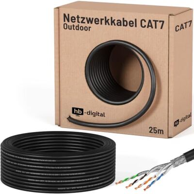 HB-Digital 25m CAT 7 cavo di installazione Ethernet 1000 MHz 10 Gbit per esterni nero AWG23/1 PE S/FTP doppia schermatura PIMF rame puro dati grezzo/interrato per uso esterno HB-Digital 25m CAT 7 cavo di installazione Ethernet 1000 MHz 10 Gbit per esterni nero AWG23/1 PE S/FTP doppia schermatura PIMF rame puro dati grezzo/interrato per uso esterno