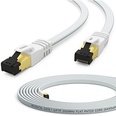HB-Digital Cavo patch CAT.8 LAN, piatto U/FTP, 7,5 m, in PVC, 2 connettori RJ45, in rame, professionale, sottile, flessibile, 40 Gbit, porta Ethernet 2000 MHz, cavo internet per PC, router HB-Digital Cavo patch CAT.8 LAN, piatto U/FTP, 7,5 m, in PVC, 2 connettori RJ45, in rame, professionale, sottile, flessibile, 40 Gbit, porta Ethernet 2000 MHz, cavo internet per PC, router