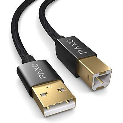 PAXO Cavo stampante USB 1m Nylon, nero, spina USB A a USB B, cavo di ricarica, cavo dati, spina oro PAXO Cavo stampante USB 1m Nylon, nero, spina USB A a USB B, cavo di ricarica, cavo dati, spina oro
