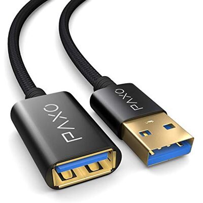 PAXO Prolunga USB 2 m, 10 Gbit/s (1,25 GByte/s), USB 3.2 Gen2 (3.0, 3.1), cavo di prolunga USB, da spina A a presa A, nero, rivestimento in tessuto PAXO Prolunga USB 2 m, 10 Gbit/s (1,25 GByte/s), USB 3.2 Gen2 (3.0, 3.1), cavo di prolunga USB, da spina A a presa A, nero, rivestimento in tessuto
