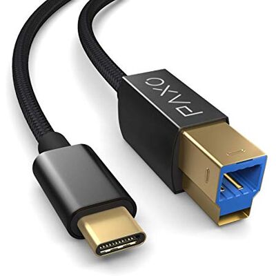 PAXO Cavo stampante USB C in nylon da 3 m, USB 3.1 (USB 3.0), nero, da USB C maschio a USB B, cavo di ricarica, cavo dati, spina d'oro PAXO Cavo stampante USB C in nylon da 3 m, USB 3.1 (USB 3.0), nero, da USB C maschio a USB B, cavo di ricarica, cavo dati, spina d'oro