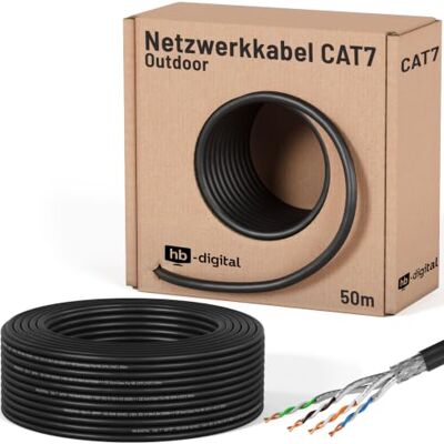 HB-Digital 50m CAT 7 cavo di installazione Ethernet 1000 MHz 10 Gbit per esterni nero AWG23/1 PE S/FTP doppia schermatura PIMF rame puro dati grezzo/interrato per uso esterno HB-Digital 50m CAT 7 cavo di installazione Ethernet 1000 MHz 10 Gbit per esterni nero AWG23/1 PE S/FTP doppia schermatura PIMF rame puro dati grezzo/interrato per uso esterno