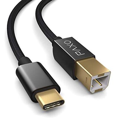 PAXO Cavo per stampante USB in nylon da 3 m, nero, da spina USB C a USB B, cavo di ricarica, cavo dati, spina dorata PAXO Cavo per stampante USB in nylon da 3 m, nero, da spina USB C a USB B, cavo di ricarica, cavo dati, spina dorata