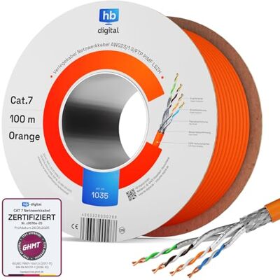 HB-Digital 100m Cavo di rete CAT 7 LAN, cavo di posa, Ethernet, cavo di installazione, 10 Gbit/s, AWG23, S/FTP Certificato GHMT Rame puro LSZH, cavo dati Simplex Arancione HB-Digital 100m Cavo di rete CAT 7 LAN, cavo di posa, Ethernet, cavo di installazione, 10 Gbit/s, AWG23, S/FTP Certificato GHMT Rame puro LSZH, cavo dati Simplex Arancione