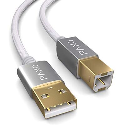 PAXO Cavo per stampante USB in nylon da 3 m, bianco, da spina USB A a USB B, cavo di ricarica, cavo dati, spina dorata PAXO Cavo per stampante USB in nylon da 3 m, bianco, da spina USB A a USB B, cavo di ricarica, cavo dati, spina dorata