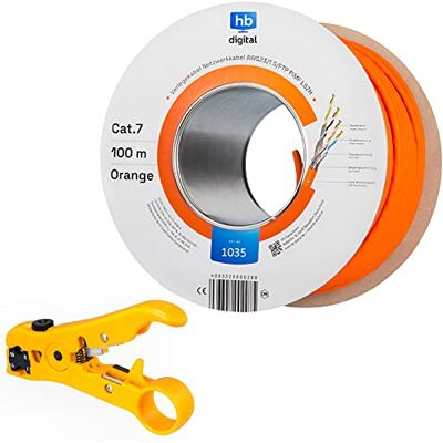 HB-Digital SET 100 m Cavo di rete LAN CAT.7 AWG 23 puro rame S/FTP PiMF LSZH, senza alogeni, certificato RoHS-Compliant GHMT Ethernet PoE 10 Gbit/s 1000 MHz arancione + 1 spelafili HB-Digital SET 100 m Cavo di rete LAN CAT.7 AWG 23 puro rame S/FTP PiMF LSZH, senza alogeni, certificato RoHS-Compliant GHMT Ethernet PoE 10 Gbit/s 1000 MHz arancione + 1 spelafili