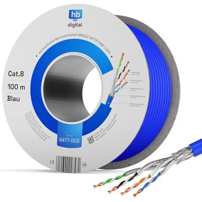 HB-Digital Cat 8.1 Cavo di rete da 100m, cavo di installazione, cavo dati Ethernet LAN, Cat.8, fino a 40 Gbps, rame, S/FTP 22/1 MHz, PIMF, LSZH, 2000MHz, senza alogeni, conforme a RoHS AWG 22/1, blu HB-Digital Cat 8.1 Cavo di rete da 100m, cavo di installazione, cavo dati Ethernet LAN, Cat.8, fino a 40 Gbps, rame, S/FTP 22/1 MHz, PIMF, LSZH, 2000MHz, senza alogeni, conforme a RoHS AWG 22/1, blu