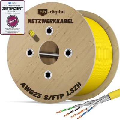 HB-Digital 250m Cavo di rete LAN CAT 7, cavo di posa, Ethernet, cavo di installazione, 10 Gbit/s, AWG23, S/FTP Certificato GHMT Rame puro, LSZH, cavo dati Simplex Giallo HB-Digital 250m Cavo di rete LAN CAT 7, cavo di posa, Ethernet, cavo di installazione, 10 Gbit/s, AWG23, S/FTP Certificato GHMT Rame puro, LSZH, cavo dati Simplex Giallo