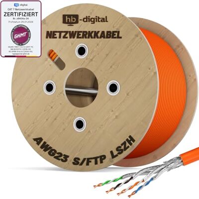 HB-Digital 250m Cavo di rete CAT 7 LAN, cavo di posa, Ethernet, cavo di installazione, 10 Gbit/s, AWG23, S/FTP Certificato GHMT Rame puro LSZH, cavo dati Simplex Arancione HB-Digital 250m Cavo di rete CAT 7 LAN, cavo di posa, Ethernet, cavo di installazione, 10 Gbit/s, AWG23, S/FTP Certificato GHMT Rame puro LSZH, cavo dati Simplex Arancione