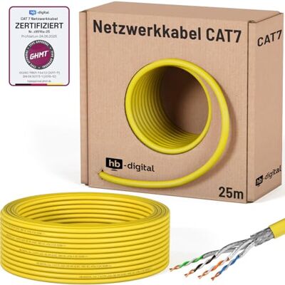 HB-Digital 25m Cavo di rete LAN CAT 7, cavo di posa, Ethernet, cavo di installazione, 10 Gbit/s, AWG23, S/FTP Certificato GHMT Rame puro, LSZH, cavo dati Simplex Giallo HB-Digital 25m Cavo di rete LAN CAT 7, cavo di posa, Ethernet, cavo di installazione, 10 Gbit/s, AWG23, S/FTP Certificato GHMT Rame puro, LSZH, cavo dati Simplex Giallo