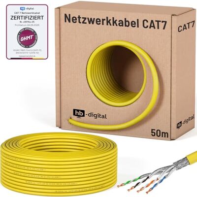HB-Digital 50m Cavo di rete LAN CAT 7, cavo di posa, Ethernet, cavo di installazione, 10 Gbit/s, AWG23, S/FTP Certificato GHMT Rame puro, LSZH, cavo dati Simplex Giallo HB-Digital 50m Cavo di rete LAN CAT 7, cavo di posa, Ethernet, cavo di installazione, 10 Gbit/s, AWG23, S/FTP Certificato GHMT Rame puro, LSZH, cavo dati Simplex Giallo