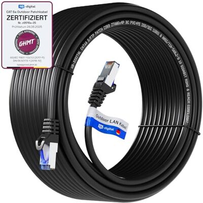 HB-Digital Cavo Ethernet LAN CAT 6a Outdoor 40 m – Cavo di Rete Patch RJ45 IP66 Certificato GHMT S/FTP PiMF 10 Gbit/s AWG 27/7 per Uso Interno ed Esterno Impermeabile Nero HB-Digital Cavo Ethernet LAN CAT 6a Outdoor 40 m – Cavo di Rete Patch RJ45 IP66 Certificato GHMT S/FTP PiMF 10 Gbit/s AWG 27/7 per Uso Interno ed Esterno Impermeabile Nero