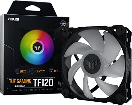 Asus TUF Gaming TF120 ARGB Ventola Per Case, 120mm, Avanzato Cuscinetto Fluidodinamico (FDB), Illuminazione ARGB Aura Sync, Durata 250.000 Ore, Cuscinetti Antivibrazione, 1 Pezzo, Nero