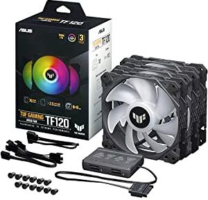 Asus TUF Gaming TF120 ARGB Ventola Per Case, 120mm, Avanzato Cuscinetto Fluidodinamico (FDB), Illuminazione ARGB Aura Sync, Controller multifunzione Incluso, Durata 250.000 Ore, 3 Pezzi, Nero