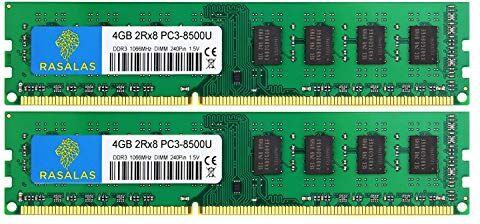 Rasalas 8GB DDR3 Kit (2x4GB) PC3-8500 DDR3 1066 MHz DDR3 8GB Udimm DDR3 RAM 2Rx8 1.5V CL7 Desktop Comuter RAM Memory Modules Upgrade