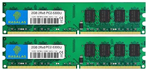 Rasalas 4GB (2x2GB) DDR2 667MHz PC2-5300U DIMM 2RX8 RAM per Desktop PC Udimm DDR2-5300 666Mhz 1.8V CL5 240-Pin Non-ECC Unbuffered Memoria Kit