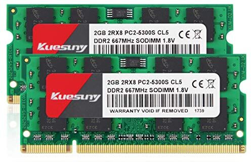 Kuesuny 4GB KIT (2X2GB) DDR2 667MHz Sodimm Ram PC2-5300 PC2-5300S 1.8V CL5 200 Pin 2RX8 Dual Rank Non-ECC Unbuffered Notebook Laptop Memory Modules Upgrade