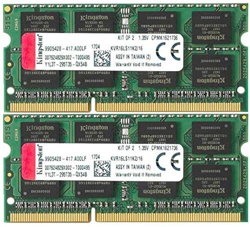 Kingston ValueRAM 1600MHz DDR3 NonECC CL11 SODIMM 16GB Kit*(2x8GB) 1.35V KVR16LS11K2/16 Memoria Laptop