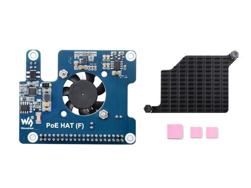 Waveshare PoE Power Over Ethernet HAT (F) Compatibele with Raspberry Pi 5, High Power, Onboard Cooling Fan, with Metal Heatsink, Supports 802.3af/at Network Standard