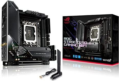 Asus ROG Strix Z690-I Gaming WiFi Scheda Madre Gaming, Mini-ITX, Intel Z690, LGA1700, DDR5, PCI 5.0, WiFi 6E(802.11ax), Intel 2.5 Gb LAN, ROG SupremeFX 7.1, 2xM.2, 4xSATA 6GB/s, Aura Sync RGB, Nero