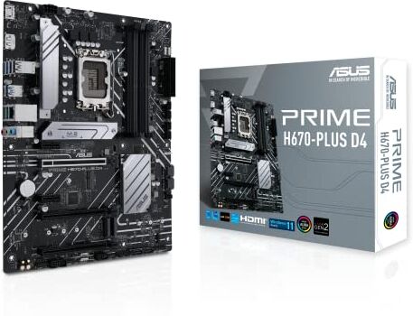 Asus PRIME H670-PLUS D4 Scheda Madre ATX, Intel H670, LGA1700, DDR4, PCI 4.0, Realtek 2.5Gb Ethernet, Realtek 7.1 Surround, 3xM.2, 4xSATA 6GB/s, USB 3.2 Gen 2, Armoury Crate, Nero