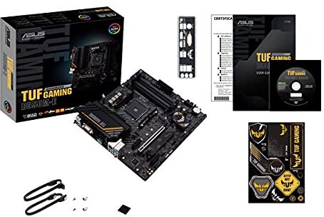 Asus TUF GAMING B550M-E, Scheda Madre Gaming micro ATX, AMD B550 (AM4), PCIe 4.0, 2x M.2, DP, HDMI, D-Sub, USB 3.2 Gen 1 Type-C, USB 3.2 Gen 2, BIOS FlashBack, Aura Sync RGB, Nero