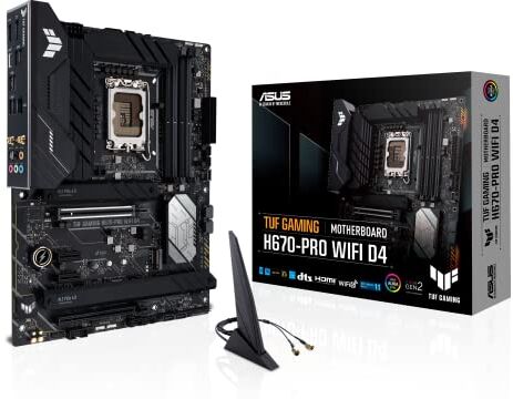 Asus TUF Gaming H670-PRO D4 Scheda Madre ATX, Intel H670, LGA1700, DDR4, PCI 5.0, Intel 2.5Gb Ethernet, WiFi 6, Realtek 7.1 Surround, 4xM.2, 4xSATA 6GB/s, USB 3.2 Gen 2x2, Armoury Crate