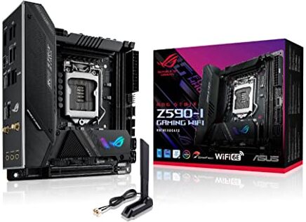 Asus ROG STRIX Z590-I GAMING WIFI, Scheda madre Gaming Intel Z590 mini ITX, PCIe 4.0, 8+2 fasi, tecnologie AI, (802.11ax), Intel Lan 2.5 Gb, 2x M.2 slot, USB3.2 Gen2x2, TypeC, Aura Sync RGB