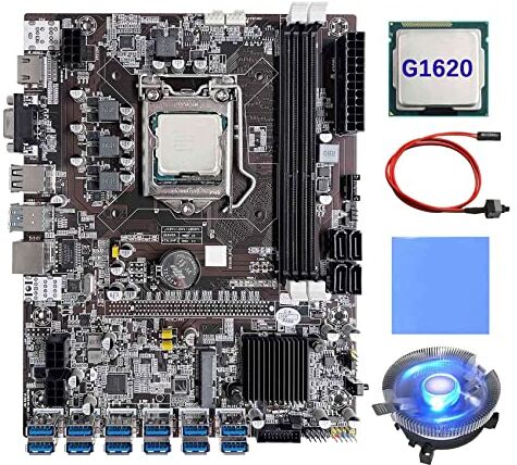 Wresetly Nuovo B75 12 Scheda GPU BTC Mining Scheda Madre+G1620 CPU+Fan+Pad Termico+Cavo Interruttore 12XUSB3.0 Slot LGA1155 DDR3 RAM MSATA